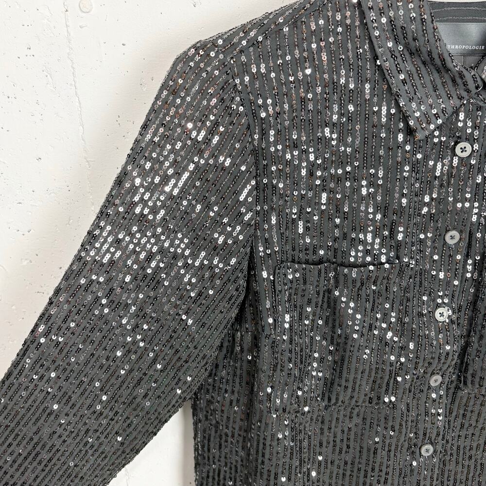 Anthropologie Sequin Button Down Shirt Collared Long Sleeve Slate Grey Small - Picture 8 of 12